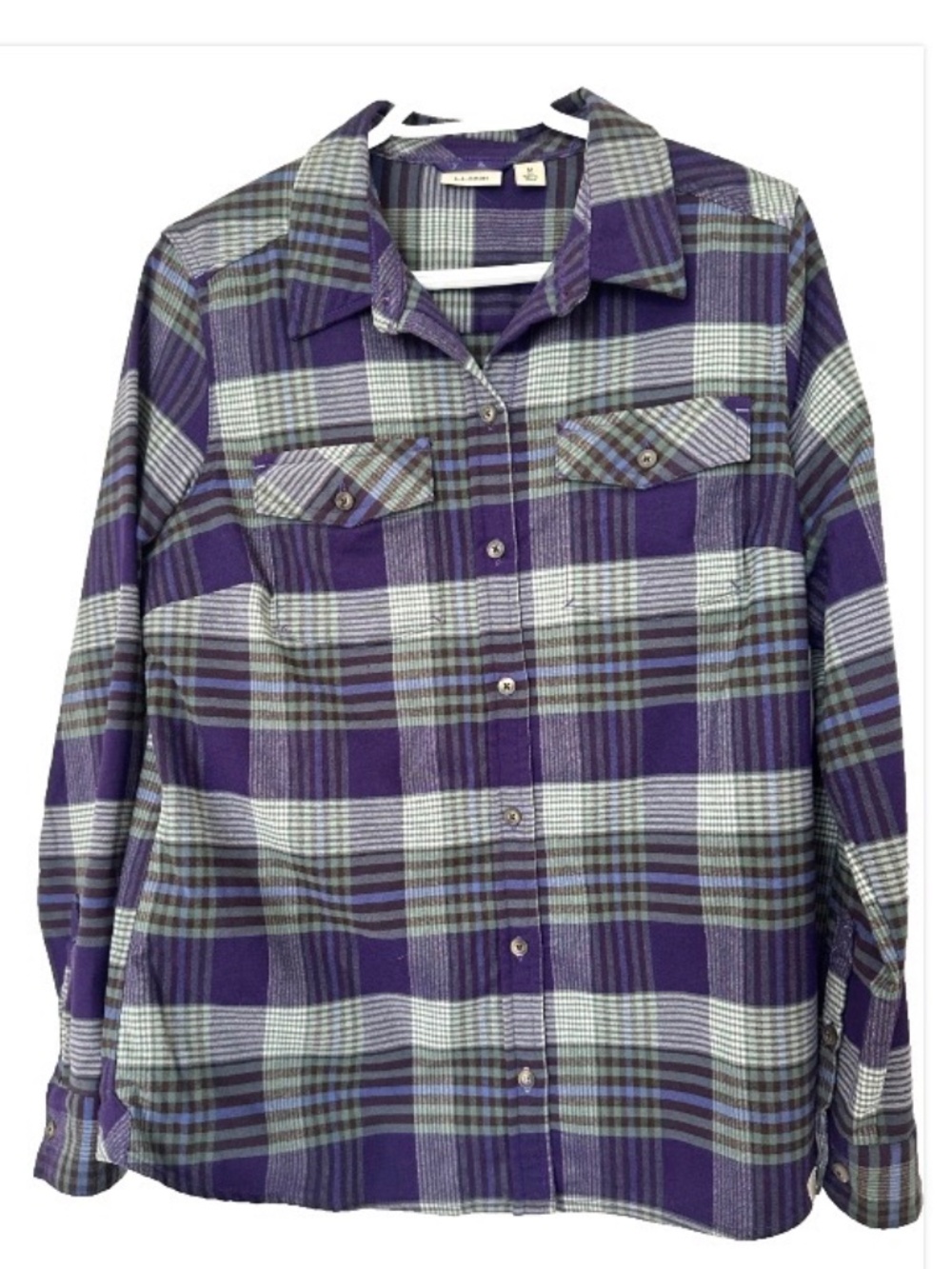 L.L.Bean Women's Sz M Purple/Gray Plaid Outdoorsy Flannel Button Down Shirt